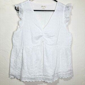 Ultra Pink White Cotton Eyelet Empire Waist Cottagecore Top – Size Large